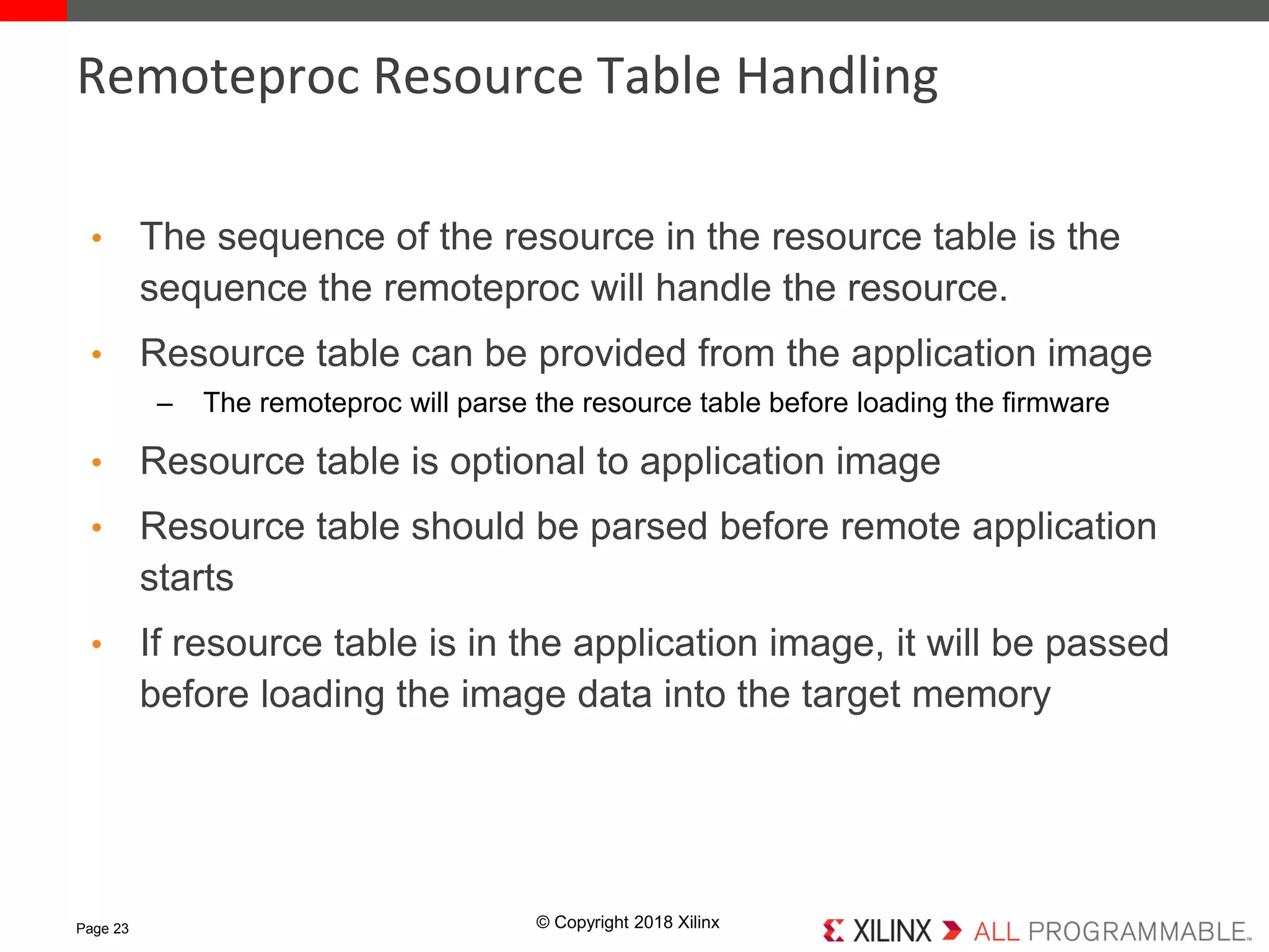 © Copyright 2018 Xilinx
• The sequence of the resource in the resource table is the
sequence the remoteproc will handle the resource.
• Resource table can be provided from the application image
– The remoteproc will parse the resource table before loading the firmware
• Resource table is optional to application image
• Resource table should be parsed before remote application
starts
• If resource table is in the application image, it will be passed
before loading the image data into the target memory
Page 23
Remoteproc Resource Table Handling
 