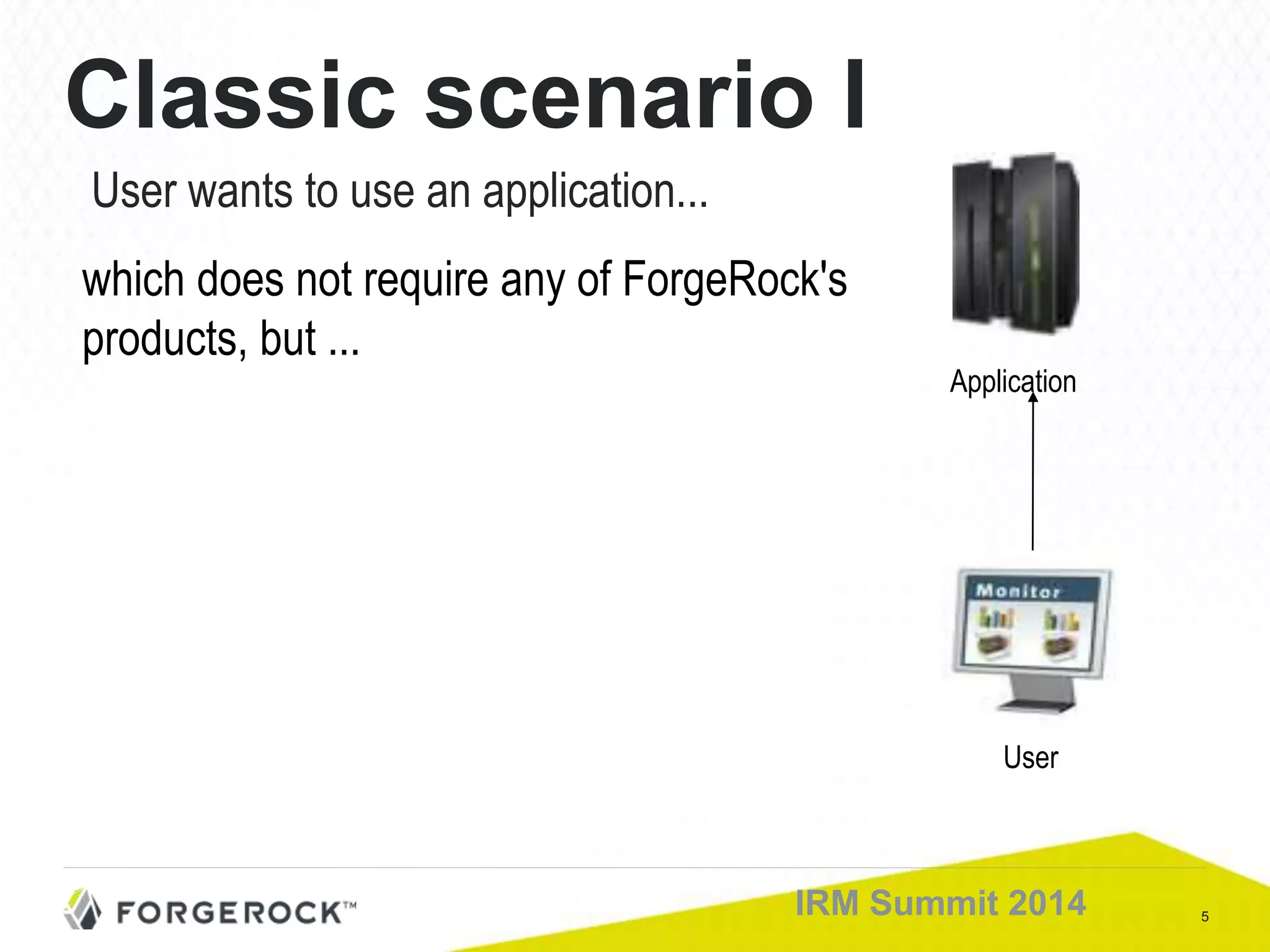 5IRM Summit 2014
Classic scenario I
User wants to use an application...
User
Application
which does not require any of ForgeRock's
products, but ...
 