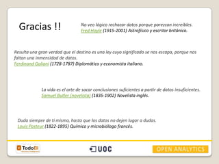 Gracias !!

No veo lógico rechazar datos porque parezcan increíbles.
Fred Hoyle (1915-2001) Astrofísico y escritor británico.

Resulta una gran verdad que el destino es una ley cuyo significado se nos escapa, porque nos
faltan una inmensidad de datos.
Ferdinand Galiani (1728-1787) Diplomático y economista italiano.

La vida es el arte de sacar conclusiones suficientes a partir de datos insuficientes.
Samuel Butler (novelista) (1835-1902) Novelista inglés.

Duda siempre de ti mismo, hasta que los datos no dejen lugar a dudas.
Louis Pasteur (1822-1895) Químico y microbiólogo francés.

 