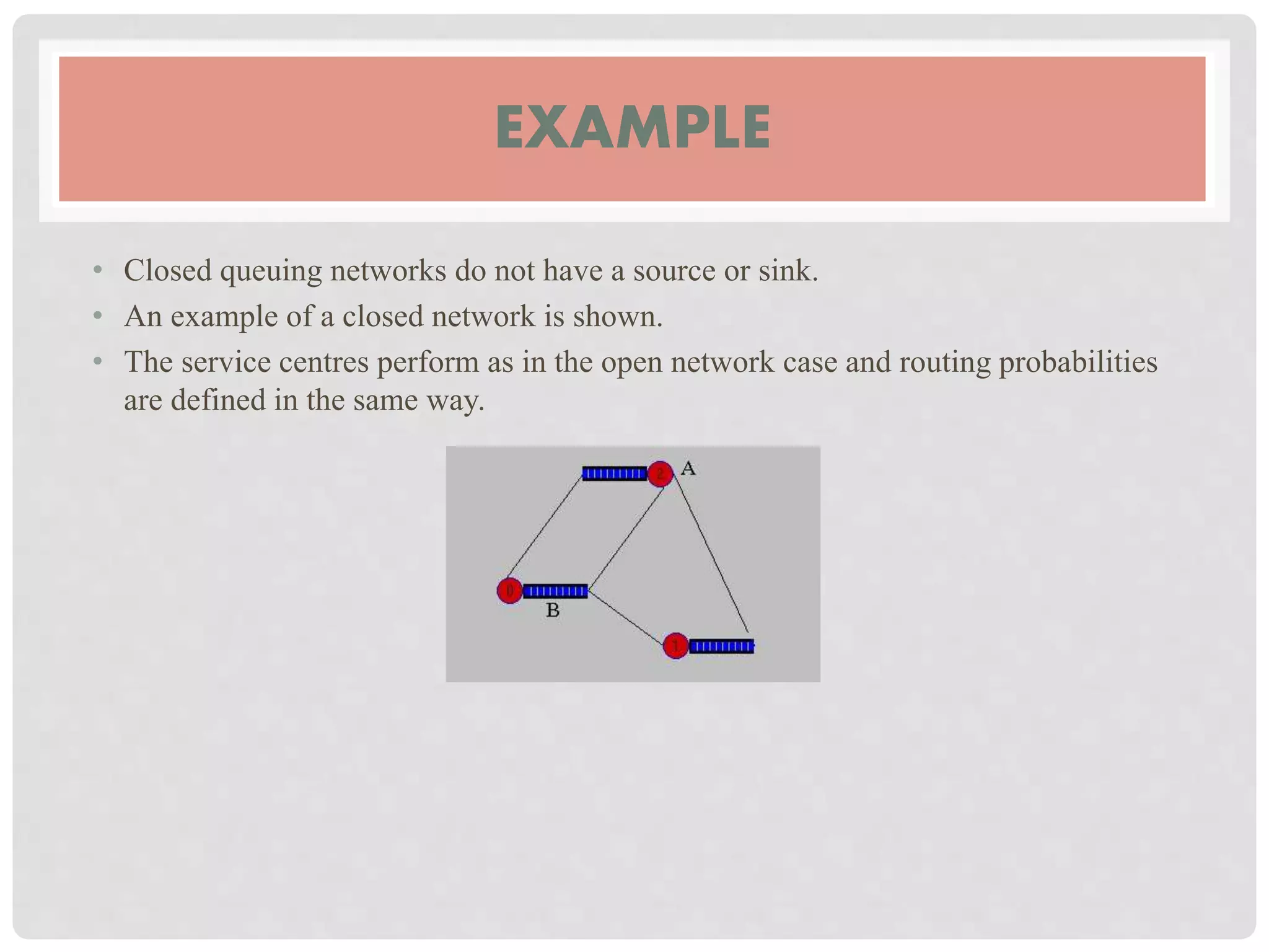 EXAMPLE
• Closed queuing networks do not have a source or sink.
• An example of a closed network is shown.
• The service centres perform as in the open network case and routing probabilities
are defined in the same way.
 