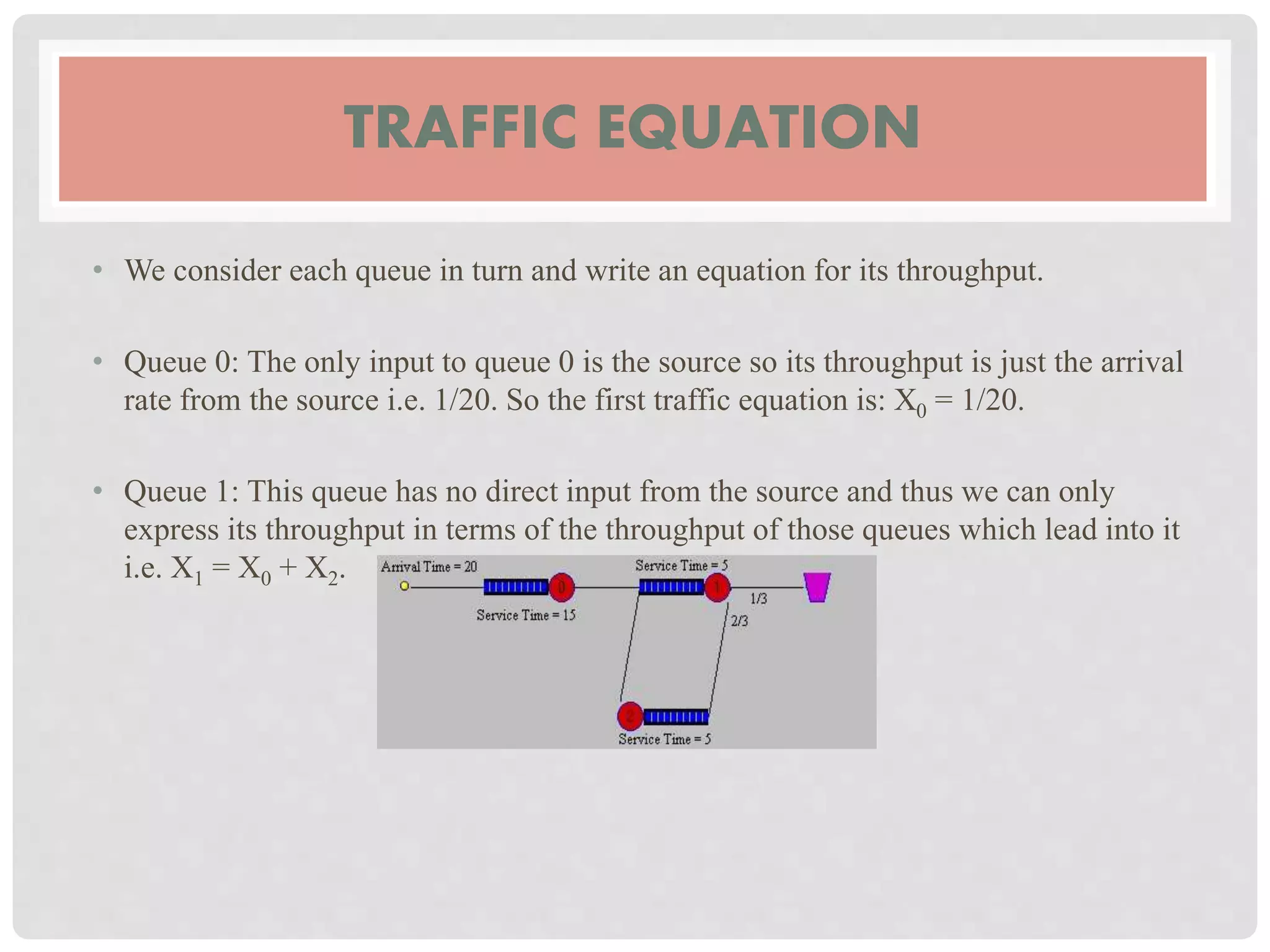 TRAFFIC EQUATION
• We consider each queue in turn and write an equation for its throughput.
• Queue 0: The only input to queue 0 is the source so its throughput is just the arrival
rate from the source i.e. 1/20. So the first traffic equation is: X0 = 1/20.
• Queue 1: This queue has no direct input from the source and thus we can only
express its throughput in terms of the throughput of those queues which lead into it
i.e. X1 = X0 + X2.
 