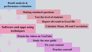 Software and apps using
techniques
Result analysis &
performance evaluation
Watch the videos on YouTube
Study the user guide
Practice yourself
Fix your content
Making standard questions
Test the level of students
Report all result in Excel file
Calculate Mean, SD and Correlation
 