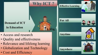 Why ICT ? Effective Learning
Demand of ICT
in Education
For All
Anytime
Anywhere
• Access and research
• Quality and effectiveness
• Relevance and lifelong learning
• Globalization and Technology
• Cost and Efficiency
 