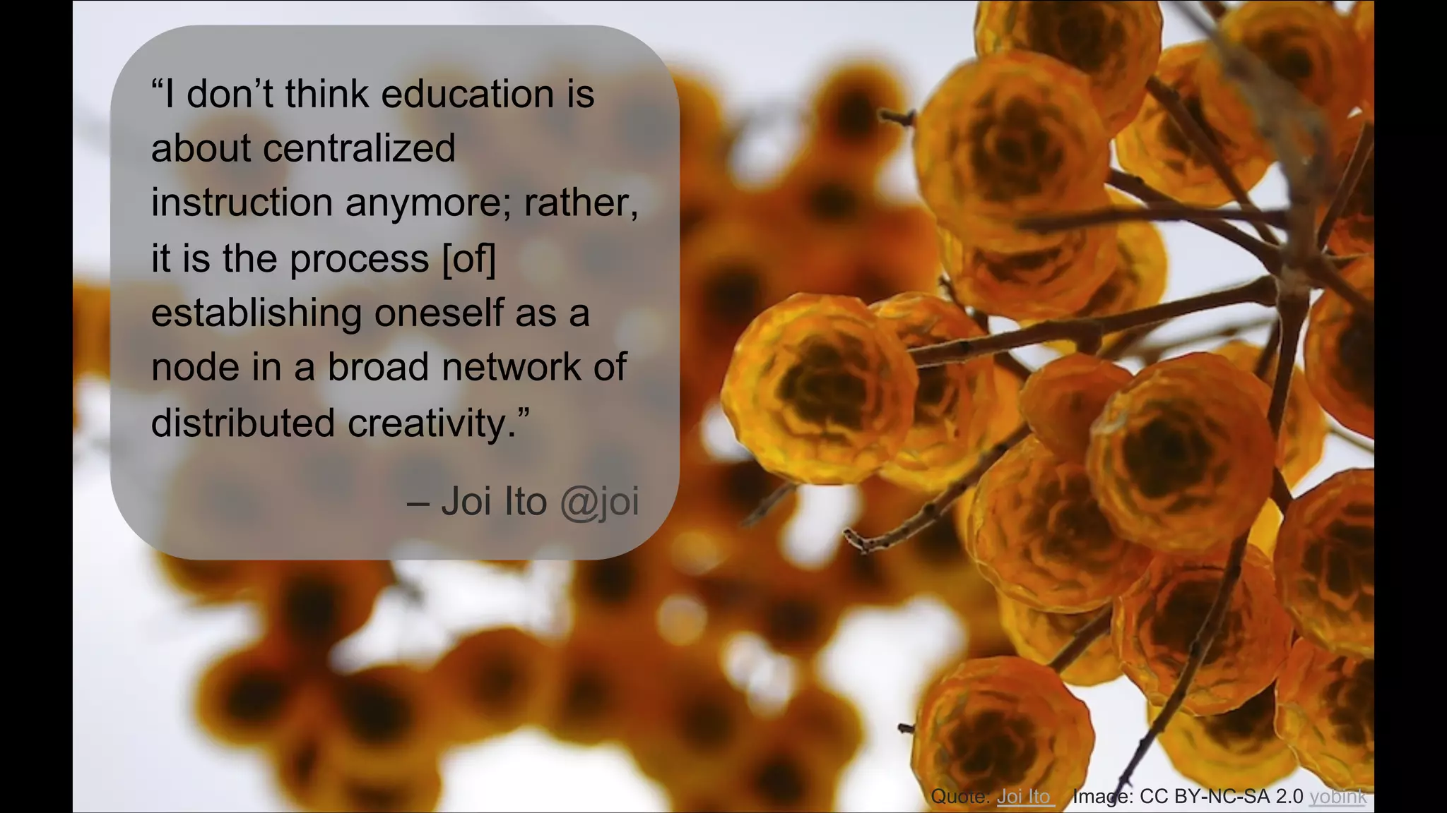 “I don’t think education is
about centralized
instruction anymore; rather,
it is the process [of]
establishing oneself as a
node in a broad network of
distributed creativity.”
– Joi Ito @joi
Quote: Joi Ito Image: CC BY-NC-SA 2.0 yobink
 