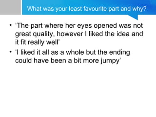 What was your least favourite part and why?
• ‘The part where her eyes opened was not
great quality, however I liked the idea and
it fit really well’
• ‘I liked it all as a whole but the ending
could have been a bit more jumpy’
 