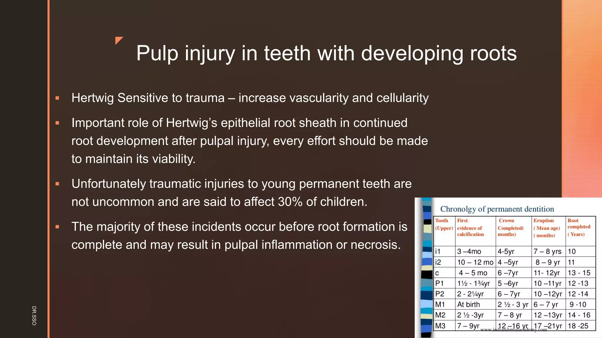 z
Pulp injury in teeth with developing roots
▪ Hertwig Sensitive to trauma – increase vascularity and cellularity
▪ Important role of Hertwig’s epithelial root sheath in continued
root development after pulpal injury, every effort should be made
to maintain its viability.
▪ Unfortunately traumatic injuries to young permanent teeth are
not uncommon and are said to affect 30% of children.
▪ The majority of these incidents occur before root formation is
complete and may result in pulpal inflammation or necrosis.
DR.SSO
 