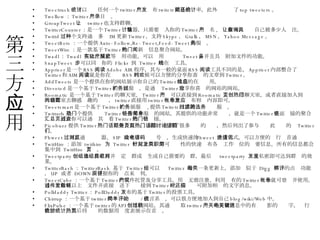 第三方应用 Tweetrush ：可以统计任何一个 twitter 用户发布 twitetr 消息的频率，此外还统计了 top tweeters 。 Twellow ： Twitter 用户目录。 GroupTweet ：让 twitter 也支持群聊。 TwitterCounter ：是一个 Twitter 计数器，只需要输入你的 Twitter 用户名 ,  让你可以查询自己被多少人关注。 Twittd ：一个支持通过多种 IM 更新 Twitter ，支持 Skype ， Gtalk ， MSN ， Yahoo Message 。 TweetBots ：一个提供 Auto-Follow,Re-Tweet,Feed-Tweet 的服务。 TweetWire ：是一款基于 Twitter 的热门新闻信息聚合网站。 Twadl ： Twadl  有网址减肥等实用功能，可以让用户预览  Tweet ，并且具备附加文件的功能。 SnapTweet  ：可以同步你的  Flickr  到  Twitter  的在线工具。 Appriser 是一个 RSS 阅读 Adobe AIR 程序，其与一般的桌面 RSS 阅读工具不同的是， Appriser 内部整合了 Twitter 和 AIM ，也就是你在阅读 RSS 的时候可以方便的分享你喜欢的文章到 Twitter 。 AddTweets 是一个提供在你的网站展示你自己的 Twitter 信息的在线应用。 Divvoted 是一个基于 Twitter 的扩展服务，是通过 Twitter 分享你喜欢的网站的网站。 Roomatic 是一个基于 Twitter 的聊天室， Twitter 用户可以直接到 Roomatic 主页创建聊天室，或者直接加入到热门的聊天室去聊感兴趣的话题， twitter 直接用 twitter 帐号登录发布相应内容即可。 Tweetsmart 是一个基于 Twitter 的扩展服务 , 提供 Twitetr 内容的过滤筛选服务。 Twitturls 是一个提供热门 Twitter 链接聚合服务的网站，其提供的功能非常简单，就是一个 Twitter 上面链接的聚合汇总页面。你可以通过其查看 Twitter 的热门链接。 Picobuzz 提供 Twitter 热门话题聚合服务。 页面首页提供了很多热门的话题，然后列出了参与讨论此话题的 Twitter 们。 Phweet ：可以通过浏览器、 SIP  或者移动电话号码，生成快速的  Phweet  快捷方式，可以方便的进行语音通讯 TwitHire ：添加  twithire  为  Twitter  好友之后，即可针对性的快速发布各类工作职位的简要信息，所有的信息都会集中到  TwitHire  首页。 Tweetparty ：创建组群名称并选定组群成员生成自己需要的组群，最后对  tweetparty  发送私密即可达到群发的效果。 TwitterBash ： TwitterBash  基于  Twitter ，可以给  Twitter  的每一条更新上，添加类似于  Digg  那样的点评功能， UP  或者  DOWN ，根据你的观点来评判。 TweetCube ：一个基于 Twitter 的文件托管及分享工具，用户无需注册，利用现有的 Twitter 帐号就可登录并使用。 通过它你可以上传文件并直接发送下载链接到 Twitter 中，同时还可附加相应的文字消息。 Polldaddy Twitter ： PollDaddy 发布的基于 Twitter 的投票工具。 Chirrup ：一个基于 twitter 的简单的评论 / 留言系统，可以很方便地加入到自己 blog/wiki/Web 中。 FlixPulse ：一个基于 twitter 的 API 创建的网站，其通过获取 twitter 用户的更新信息中的有关电影的关键字，进行数据统计，然后将统计的数据用热度表展示在首页。 