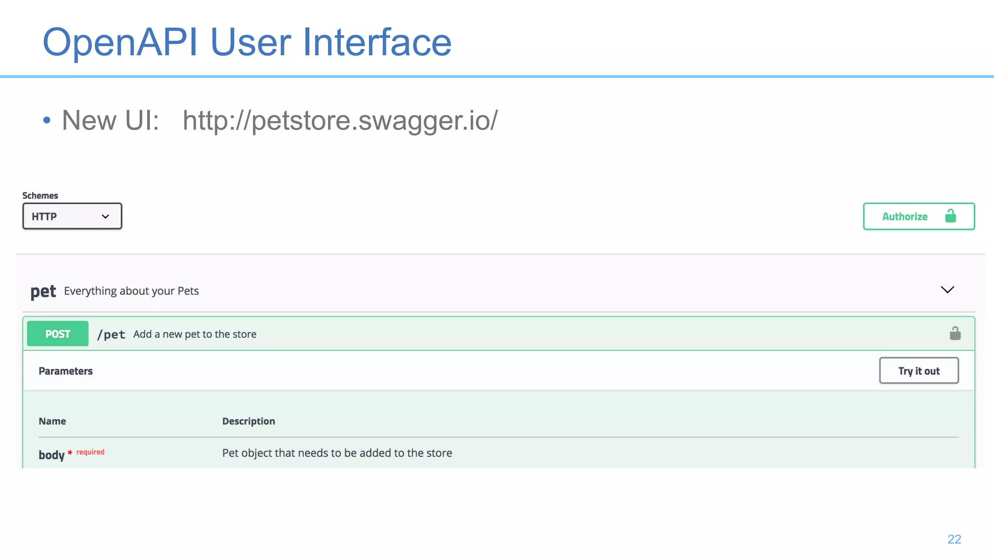 OpenAPI User Interface
• New UI: http://petstore.swagger.io/
22
 
