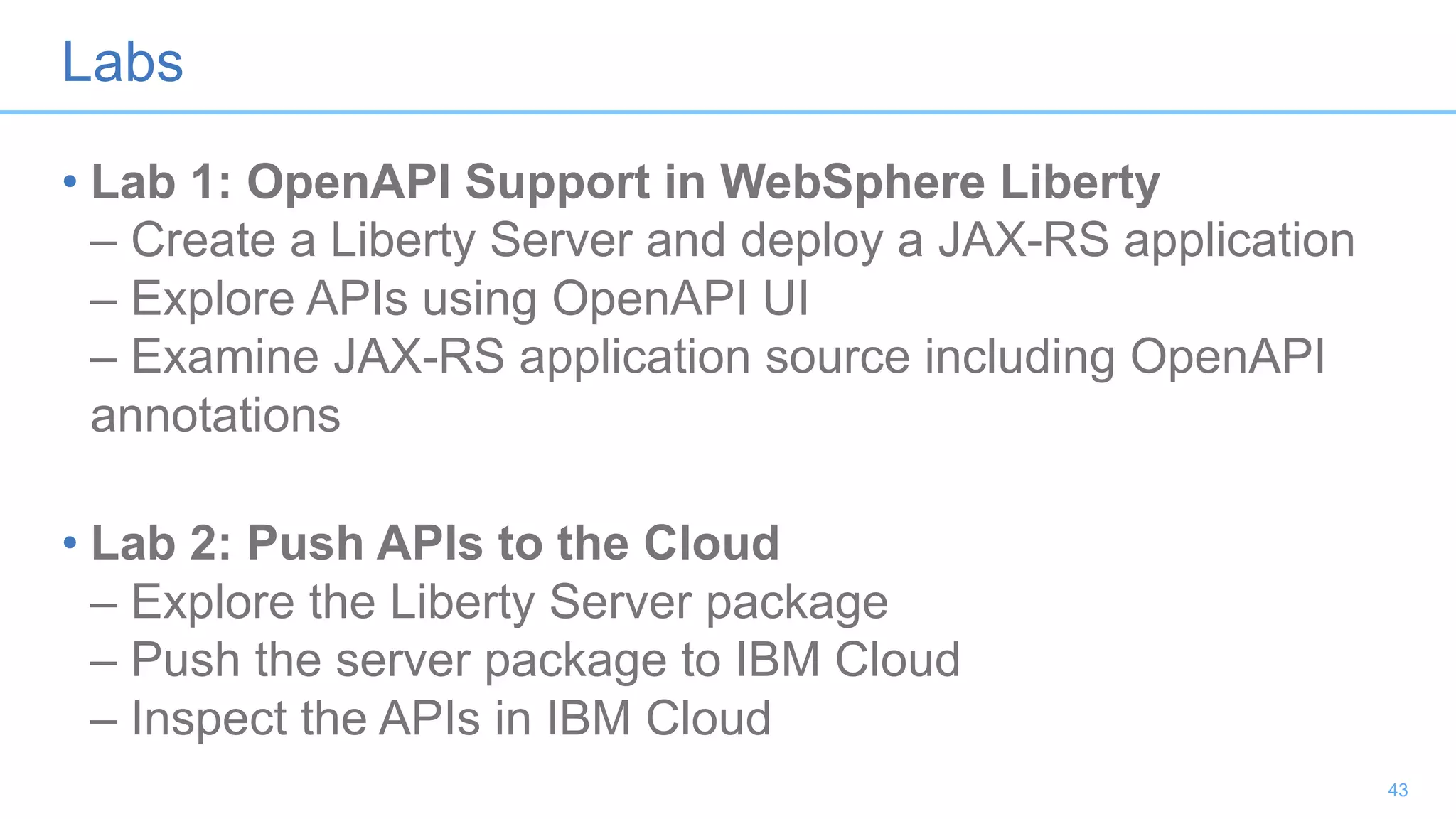 Labs
• Lab 1: OpenAPI Support in WebSphere Liberty
– Create a Liberty Server and deploy a JAX-RS application
– Explore APIs using OpenAPI UI
– Examine JAX-RS application source including OpenAPI
annotations
• Lab 2: Push APIs to the Cloud
– Explore the Liberty Server package
– Push the server package to IBM Cloud
– Inspect the APIs in IBM Cloud
43
 