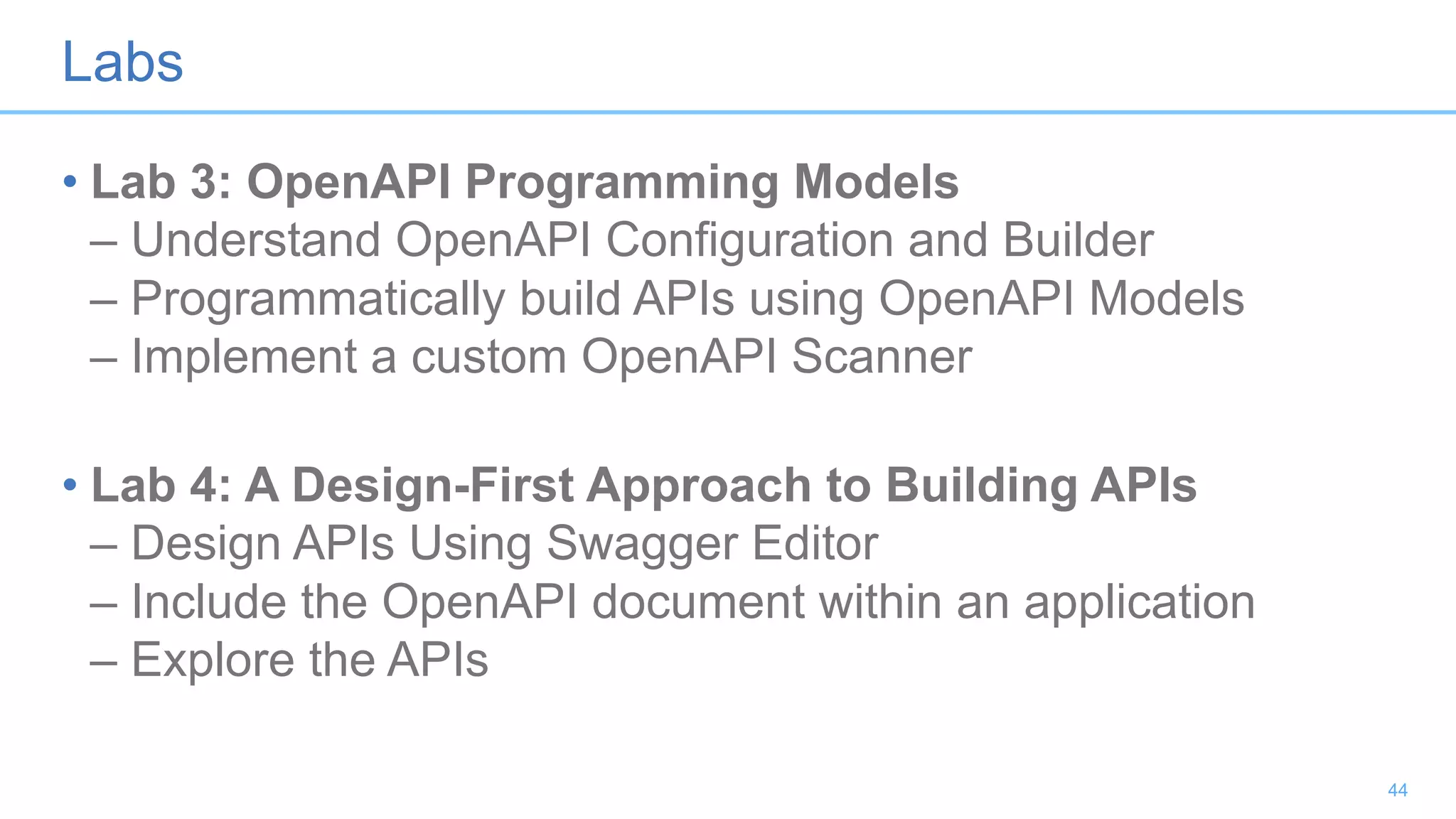Labs
• Lab 3: OpenAPI Programming Models
– Understand OpenAPI Configuration and Builder
– Programmatically build APIs using OpenAPI Models
– Implement a custom OpenAPI Scanner
• Lab 4: A Design-First Approach to Building APIs
– Design APIs Using Swagger Editor
– Include the OpenAPI document within an application
– Explore the APIs
44
 