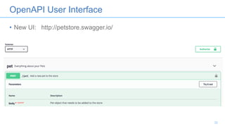 OpenAPI User Interface
• New UI: http://petstore.swagger.io/
22
 