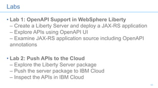 Labs
• Lab 1: OpenAPI Support in WebSphere Liberty
– Create a Liberty Server and deploy a JAX-RS application
– Explore APIs using OpenAPI UI
– Examine JAX-RS application source including OpenAPI
annotations
• Lab 2: Push APIs to the Cloud
– Explore the Liberty Server package
– Push the server package to IBM Cloud
– Inspect the APIs in IBM Cloud
43
 