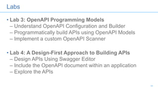 Labs
• Lab 3: OpenAPI Programming Models
– Understand OpenAPI Configuration and Builder
– Programmatically build APIs using OpenAPI Models
– Implement a custom OpenAPI Scanner
• Lab 4: A Design-First Approach to Building APIs
– Design APIs Using Swagger Editor
– Include the OpenAPI document within an application
– Explore the APIs
44
 
