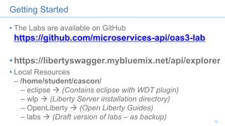 Getting Started
• The Labs are available on GitHub
https://github.com/microservices-api/oas3-lab
• https://libertyswagger.mybluemix.net/api/explorer
• Local Resources
– /home/student/cascon/
– eclipse à (Contains eclipse with WDT plugin)
– wlp à (Liberty Server installation directory)
– OpenLiberty à (Open Liberty Guides)
– labs à (Draft version of labs – as backup) 46
 