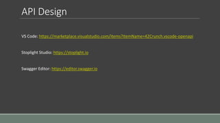API Design
VS Code: https://marketplace.visualstudio.com/items?itemName=42Crunch.vscode-openapi
Stoplight Studio: https://stoplight.io
Swagger Editor: https://editor.swagger.io
 
