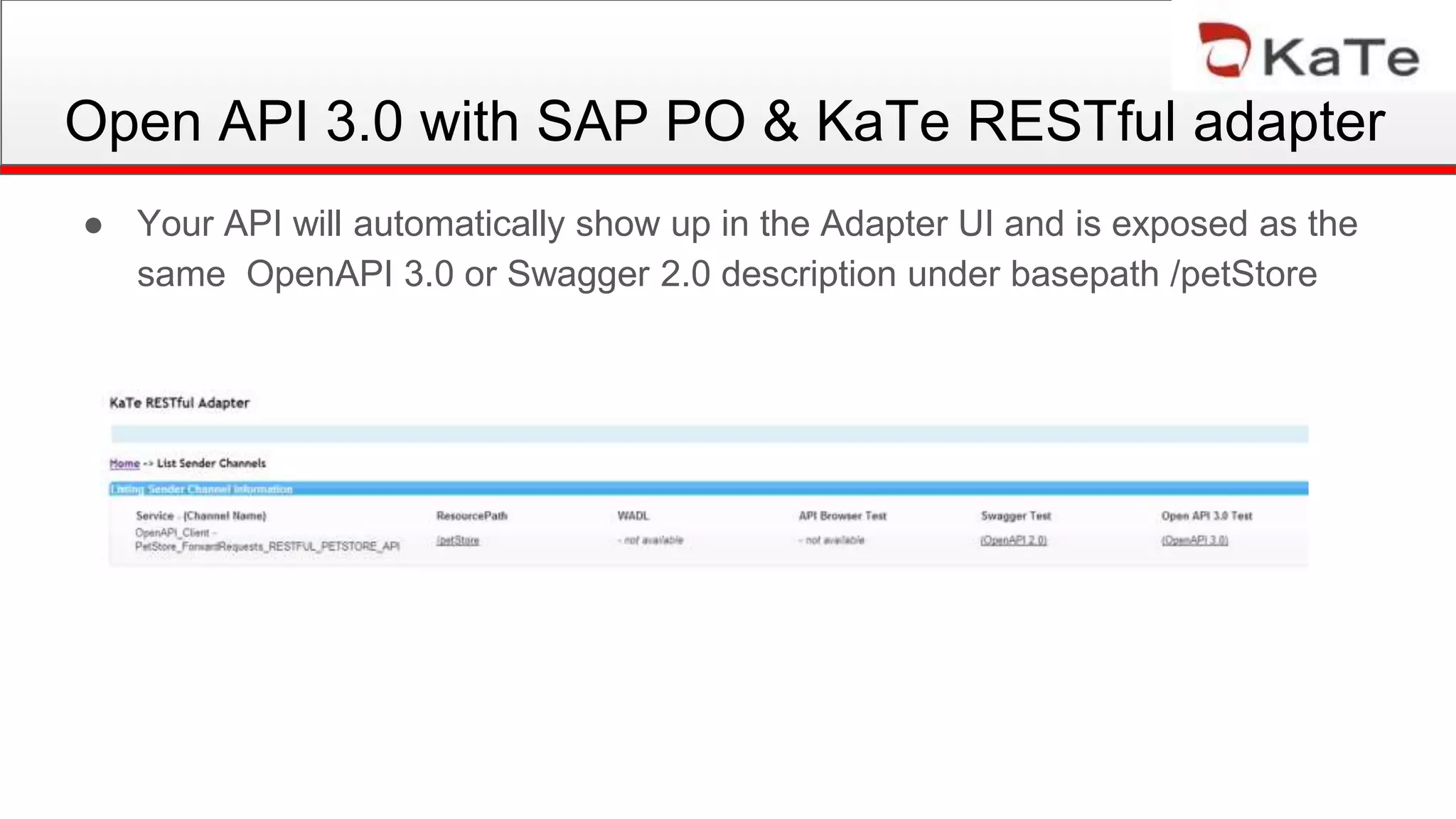 Open API 3.0 with SAP PO & KaTe RESTful adapter
● Your API will automatically show up in the Adapter UI and is exposed as the
same OpenAPI 3.0 or Swagger 2.0 description under basepath /petStore
 