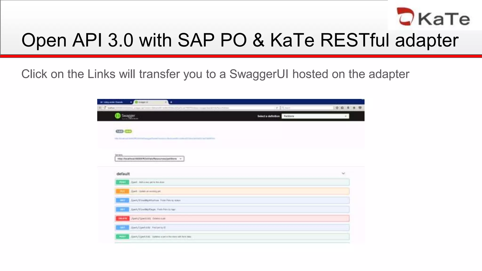 Click on the Links will transfer you to a SwaggerUI hosted on the adapter
Open API 3.0 with SAP PO & KaTe RESTful adapter
 