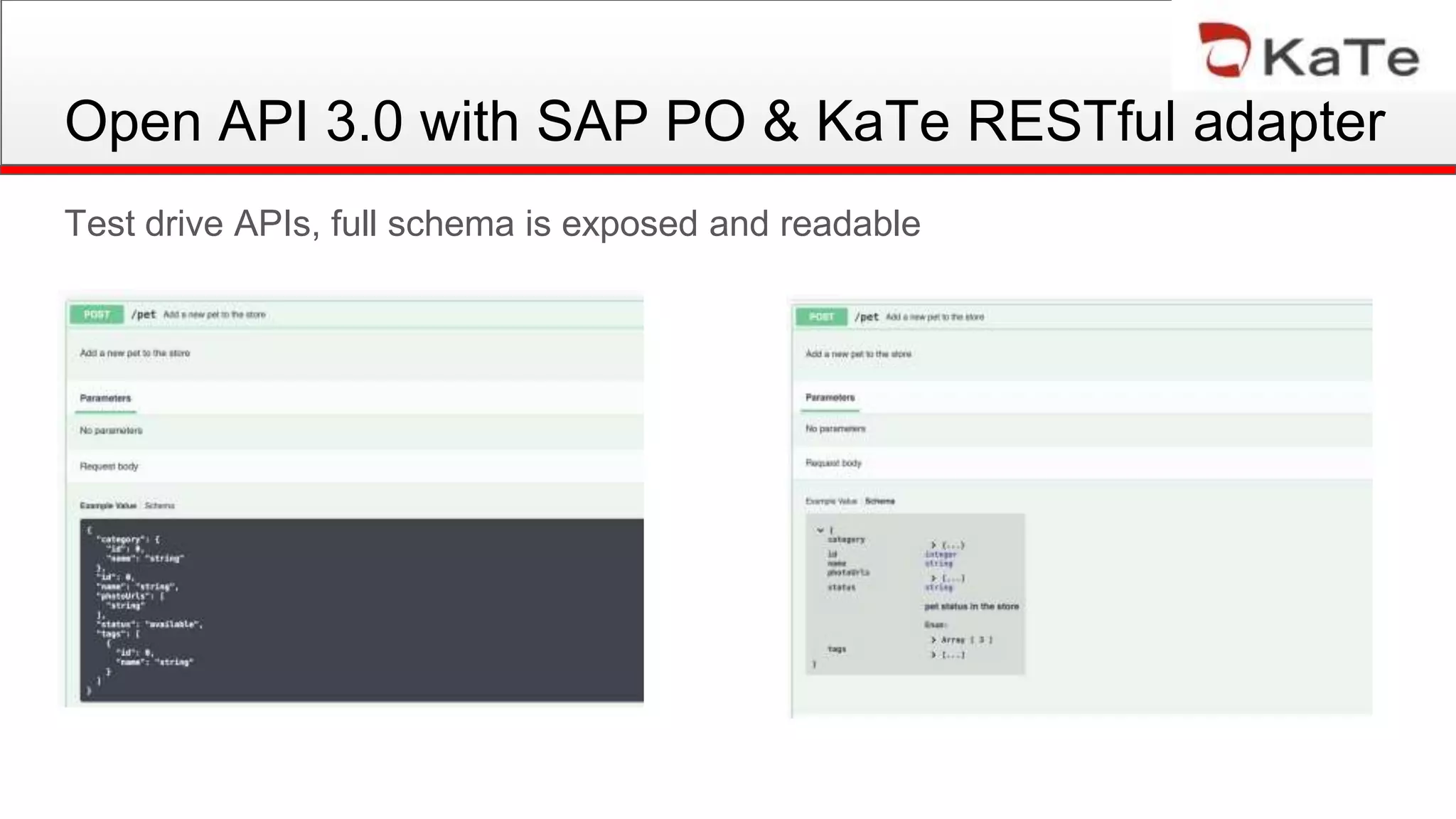 Test drive APIs, full schema is exposed and readable
Open API 3.0 with SAP PO & KaTe RESTful adapter
 