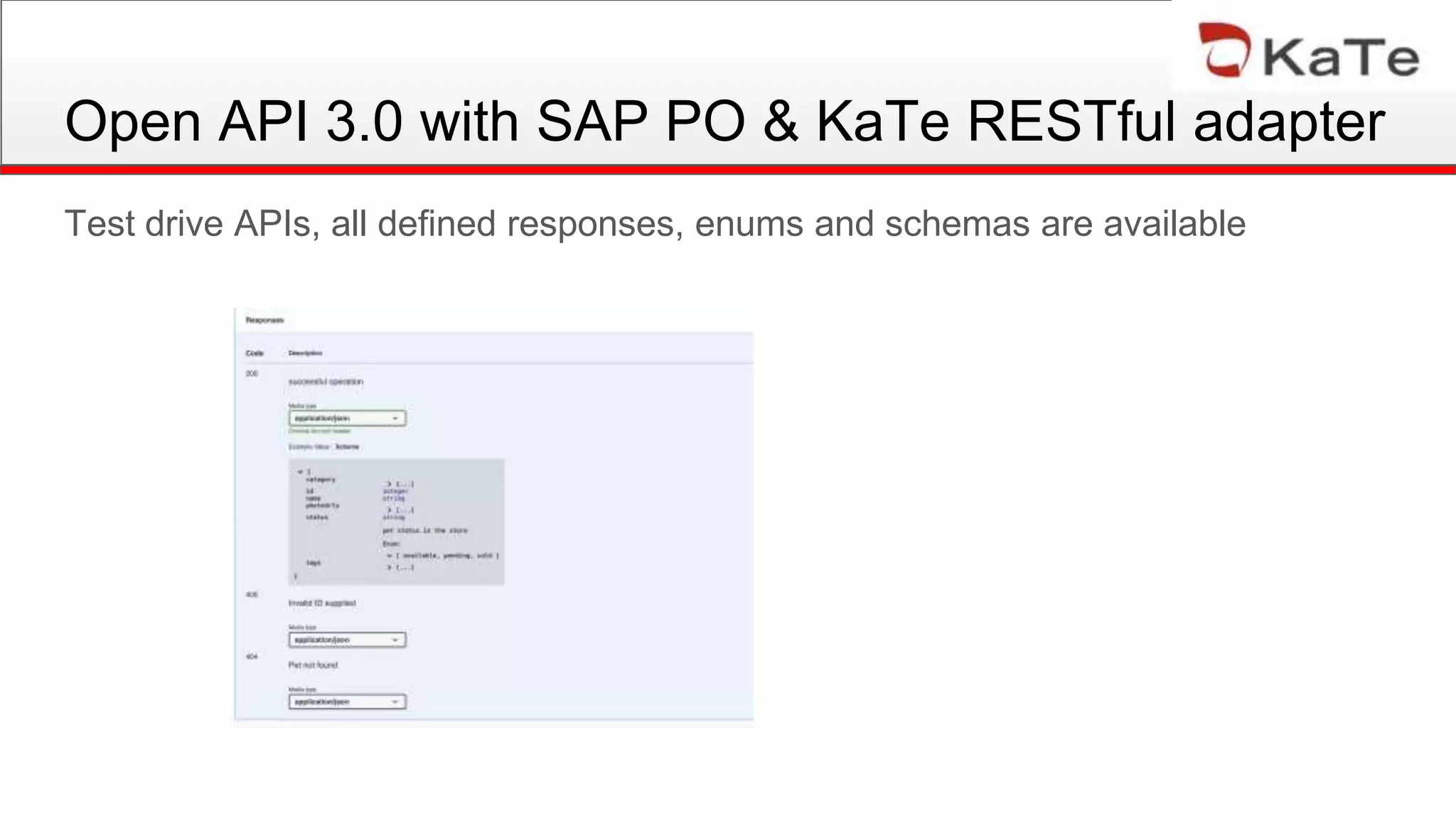Test drive APIs, all defined responses, enums and schemas are available
Open API 3.0 with SAP PO & KaTe RESTful adapter
 