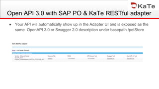 Open API 3.0 with SAP PO & KaTe RESTful adapter
● Your API will automatically show up in the Adapter UI and is exposed as the
same OpenAPI 3.0 or Swagger 2.0 description under basepath /petStore
 