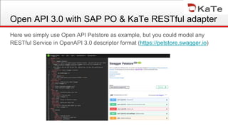 Open API 3.0 with SAP PO & KaTe RESTful adapter
Here we simply use Open API Petstore as example, but you could model any
RESTful Service in OpenAPI 3.0 descriptor format (https://petstore.swagger.io)
 