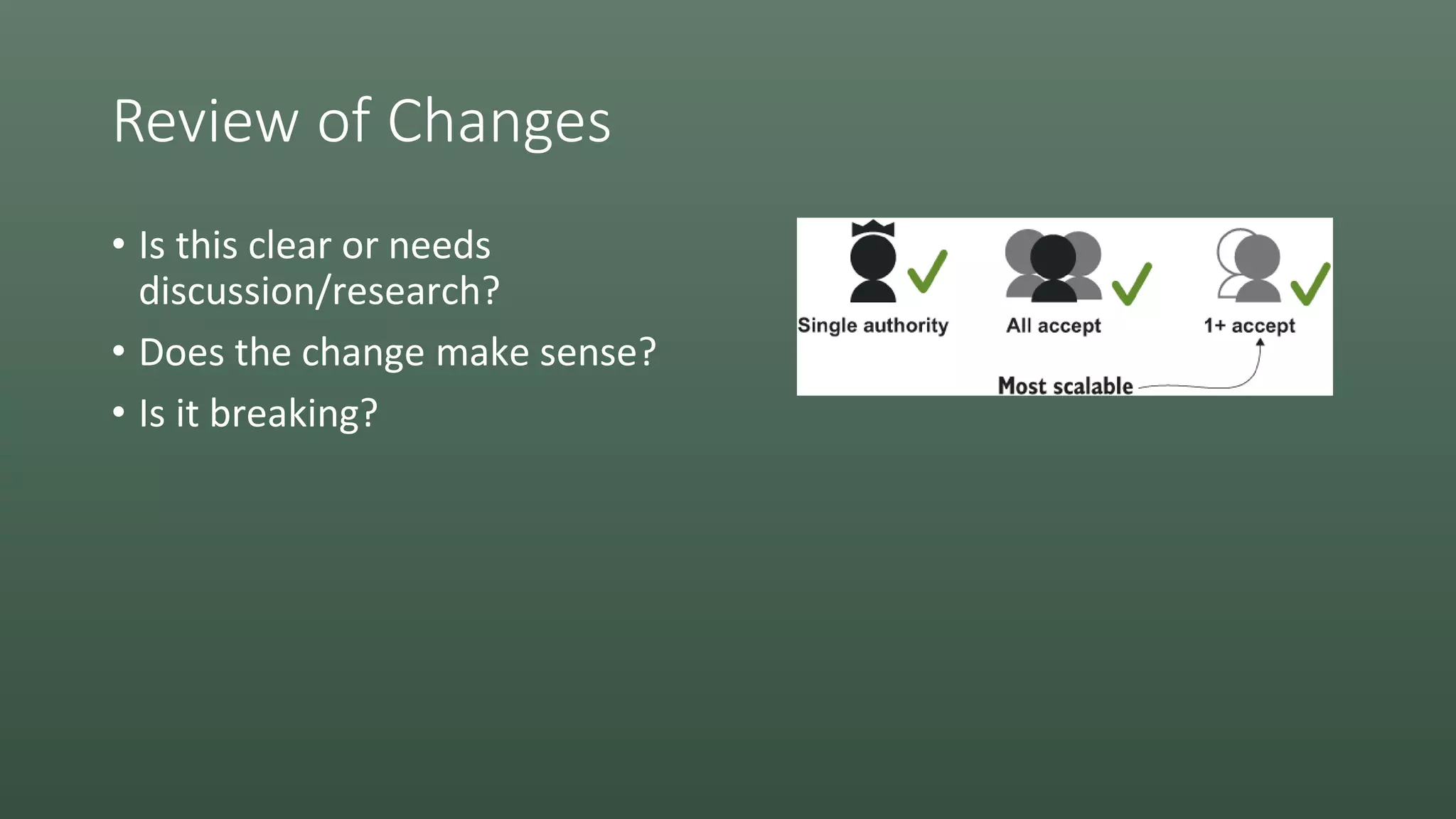 Review of Changes
• Is this clear or needs
discussion/research?
• Does the change make sense?
• Is it breaking?
 