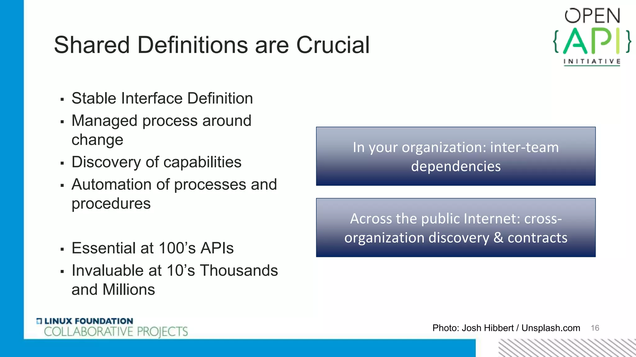 Shared Definitions are Crucial
▪ Stable Interface Definition
▪ Managed process around
change
▪ Discovery of capabilities
▪ Automation of processes and
procedures
▪ Essential at 100’s APIs
▪ Invaluable at 10’s Thousands
and Millions
16Photo: Josh Hibbert / Unsplash.com
In your organization: inter-team
dependencies
Across the public Internet: cross-
organization discovery & contracts
 