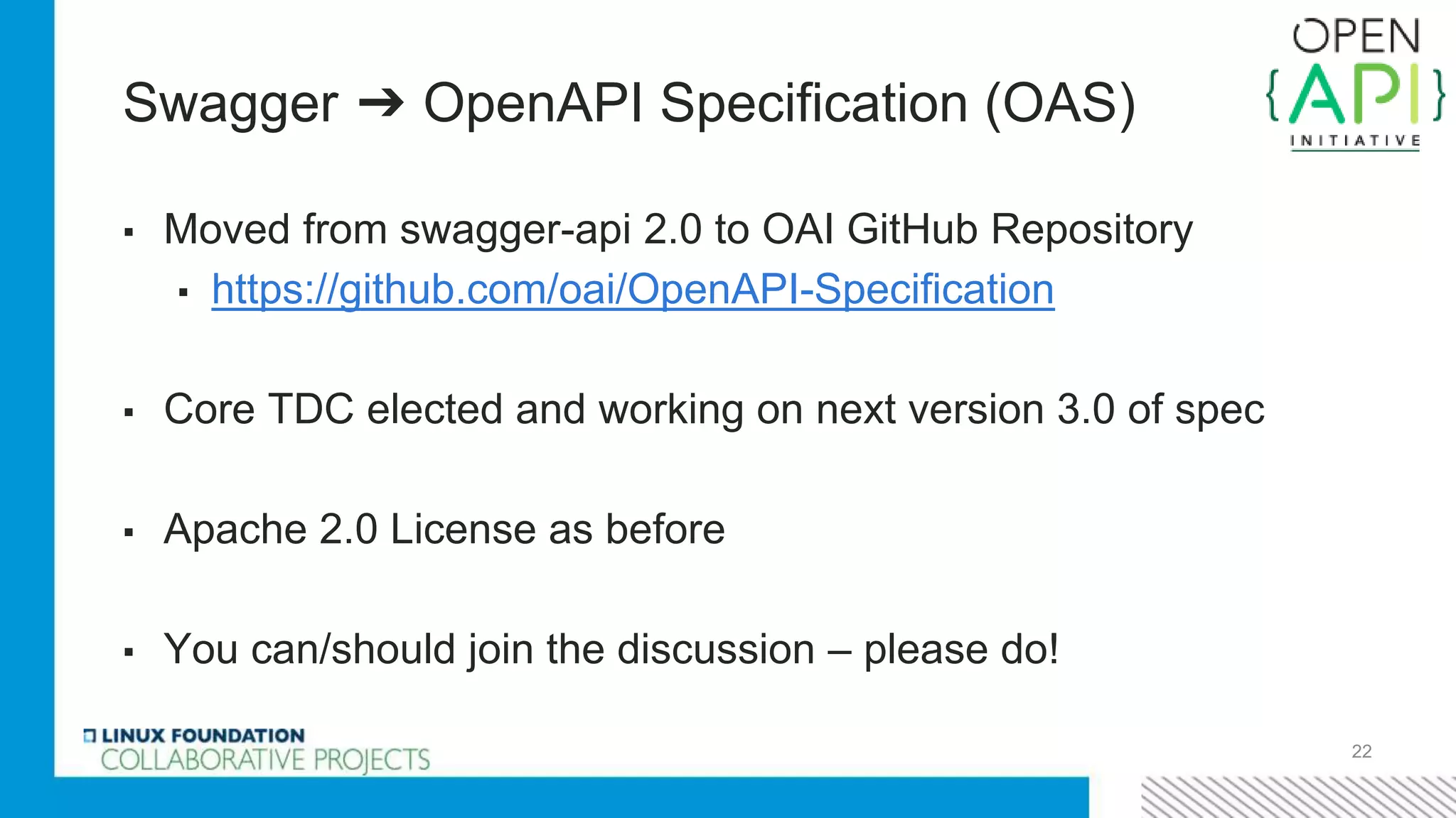 Swagger ➔ OpenAPI Specification (OAS)
▪ Moved from swagger-api 2.0 to OAI GitHub Repository
▪ https://github.com/oai/OpenAPI-Specification
▪ Core TDC elected and working on next version 3.0 of spec
▪ Apache 2.0 License as before
▪ You can/should join the discussion – please do!
22
 
