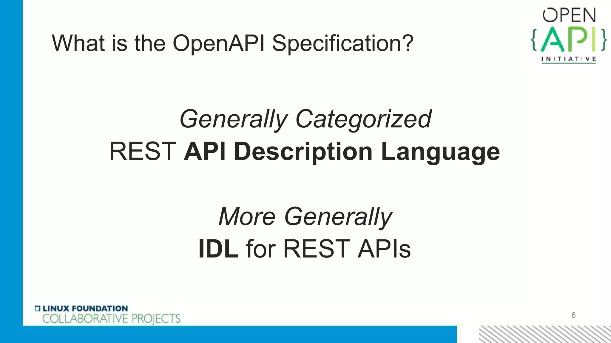 What is the OpenAPI Specification?
6
Generally Categorized
REST API Description Language
More Generally
IDL for REST APIs
 