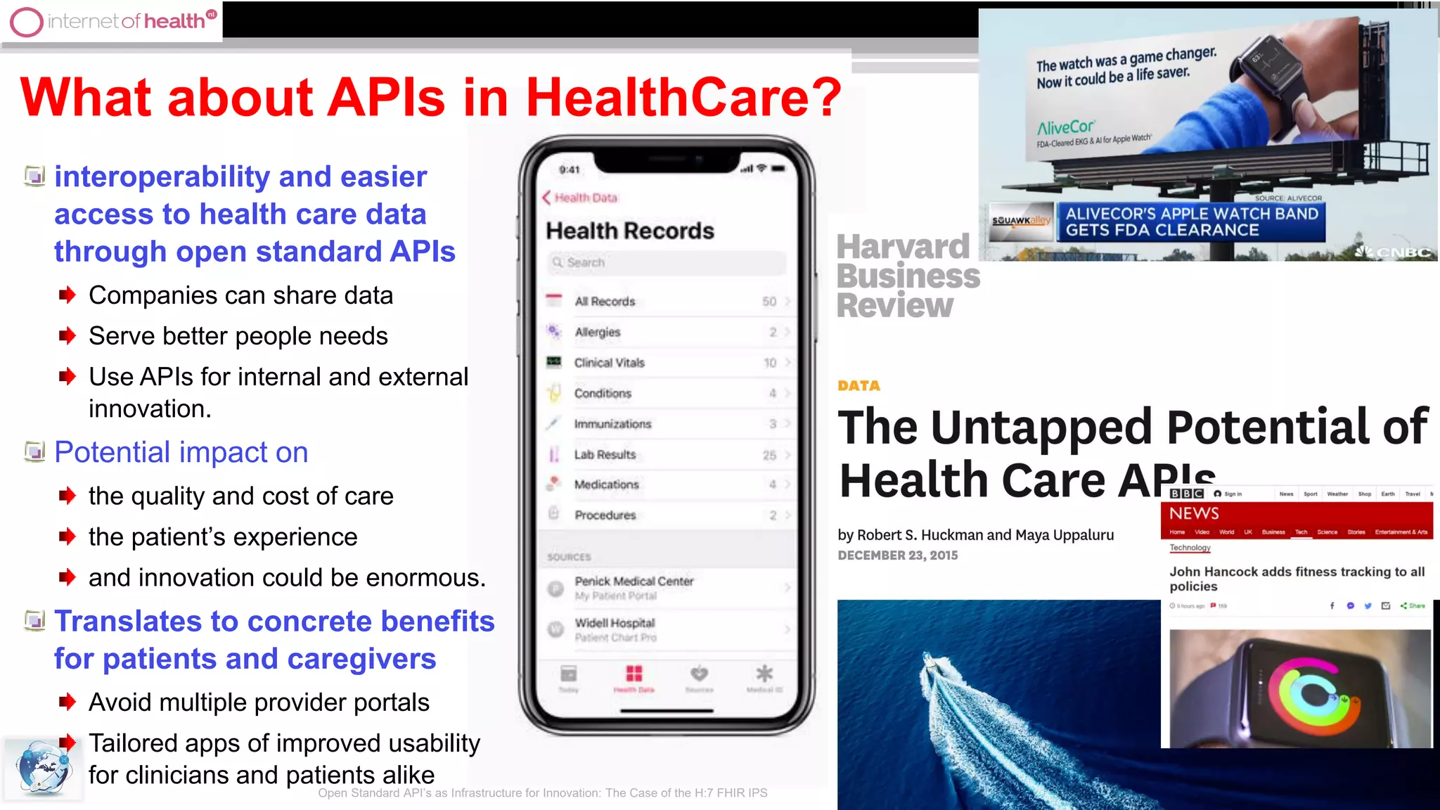 5
What about APIs in HealthCare?
interoperability and easier
access to health care data
through open standard APIs
Companies can share data
Serve better people needs
Use APIs for internal and external
innovation.
Potential impact on
the quality and cost of care
the patient’s experience
and innovation could be enormous.
Translates to concrete benefits
for patients and caregivers
Avoid multiple provider portals
Tailored apps of improved usability
for clinicians and patients alike
Open Standard API’s as Infrastructure for Innovation: The Case of the H:7 FHIR IPS
 