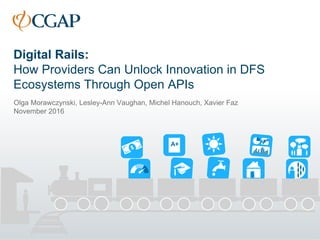 Digital Rails:
How Providers Can Unlock Innovation in DFS
Ecosystems Through Open APIs
Olga Morawczynski, Lesley-Ann Vaughan, Michel Hanouch, and Xavier Faz
November 2016
A+
$
 