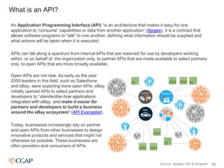 What is an API?
An Application Programming Interface (API) “is an architecture that makes it easy for one
application to “...