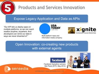 Products and Services Innovation

           Expose Legacy Application and Data as APIs

“Our API lets us deploy apps on
multiple platforms, so we can reach
readers anytime, anywhere. And
developers can remix our data in
ways we never dreamed of."                    Multi-platform news and
                                              information media company.



             Open Innovation: co-creating new products
                       with external agents



                                                Facebook Hackathon winners
                                                 São Paulo (WTC, May 2012)


                                      confidential | www.sensedia.com | 10
 
