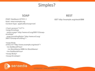 Simples?

                  SOAP                                                REST
POST /GetStock HTTP/1.1                                   GET hXp://example.org/stock/IBM
Host: www.example.org
Content-Type: applicaNon/soap+xml

<?xml version="1.0"?>
<soap:Envelope
 xmlns:soap=”http://www.w3.org/2001/12/soap-
envelope"
 soap:encodingStyle=”http://www.w3.org/
2001/12/soap-encoding">

<soap:Body
xmlns:m=”http://www.example.org/stock">
 <m:GetStockPrice>
  <m:StockName>IBM</m:StockName>
 </m:GetStockPrice>
</soap:Body>
</soap:Envelope>




                               confidential | www.sensedia.com | 27
 