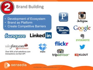 Brand Building

• Development of Ecosystem
• Brand as Platform
• Create Competitive Barriers




Over 50% of all salesforce.com
transactions via their API




                                 confidential | www.sensedia.com | 5
 