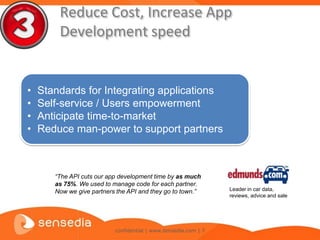 Reduce Cost, Increase App
        Development speed


•   Standards for Integrating applications
•   Self-service / Users empowerment
•   Anticipate time-to-market
•   Reduce man-power to support partners



       “The API cuts our app development time by as much
       as 75%. We used to manage code for each partner.
       Now we give partners the API and they go to town.”        Leader in car data,
                                                                 reviews, advice and sale




                           confidential | www.sensedia.com | 7
 