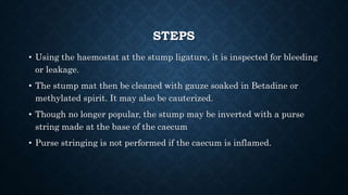 STEPS
• Using the haemostat at the stump ligature, it is inspected for bleeding
or leakage.
• The stump mat then be cleaned with gauze soaked in Betadine or
methylated spirit. It may also be cauterized.
• Though no longer popular, the stump may be inverted with a purse
string made at the base of the caecum
• Purse stringing is not performed if the caecum is inflamed.
 