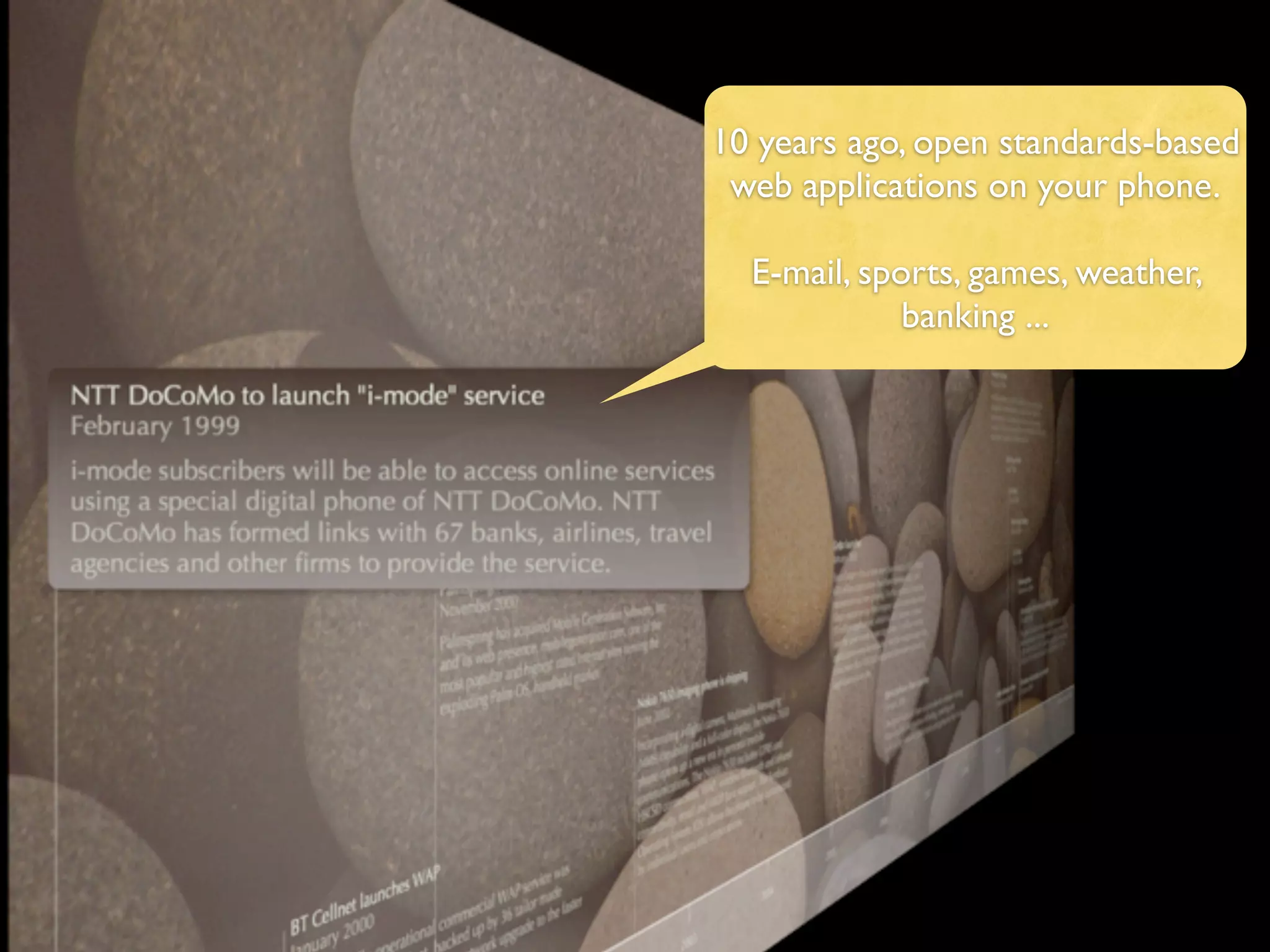 10 years ago, open standards-based
 web applications on your phone.

  E-mail, sports, games, weather,
             banking ...
 
