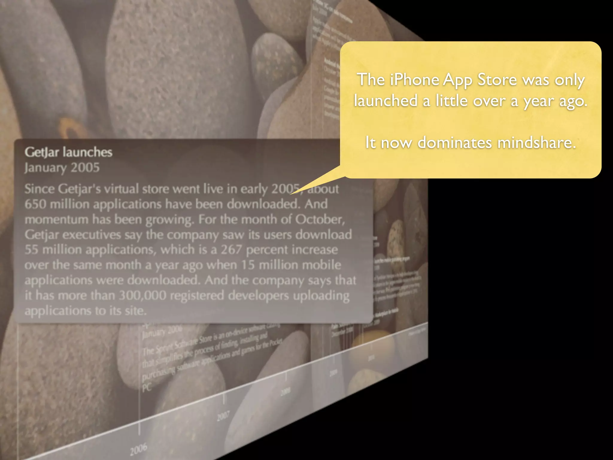 The iPhone App Store was only
launched a little over a year ago.

 It now dominates mindshare.
 