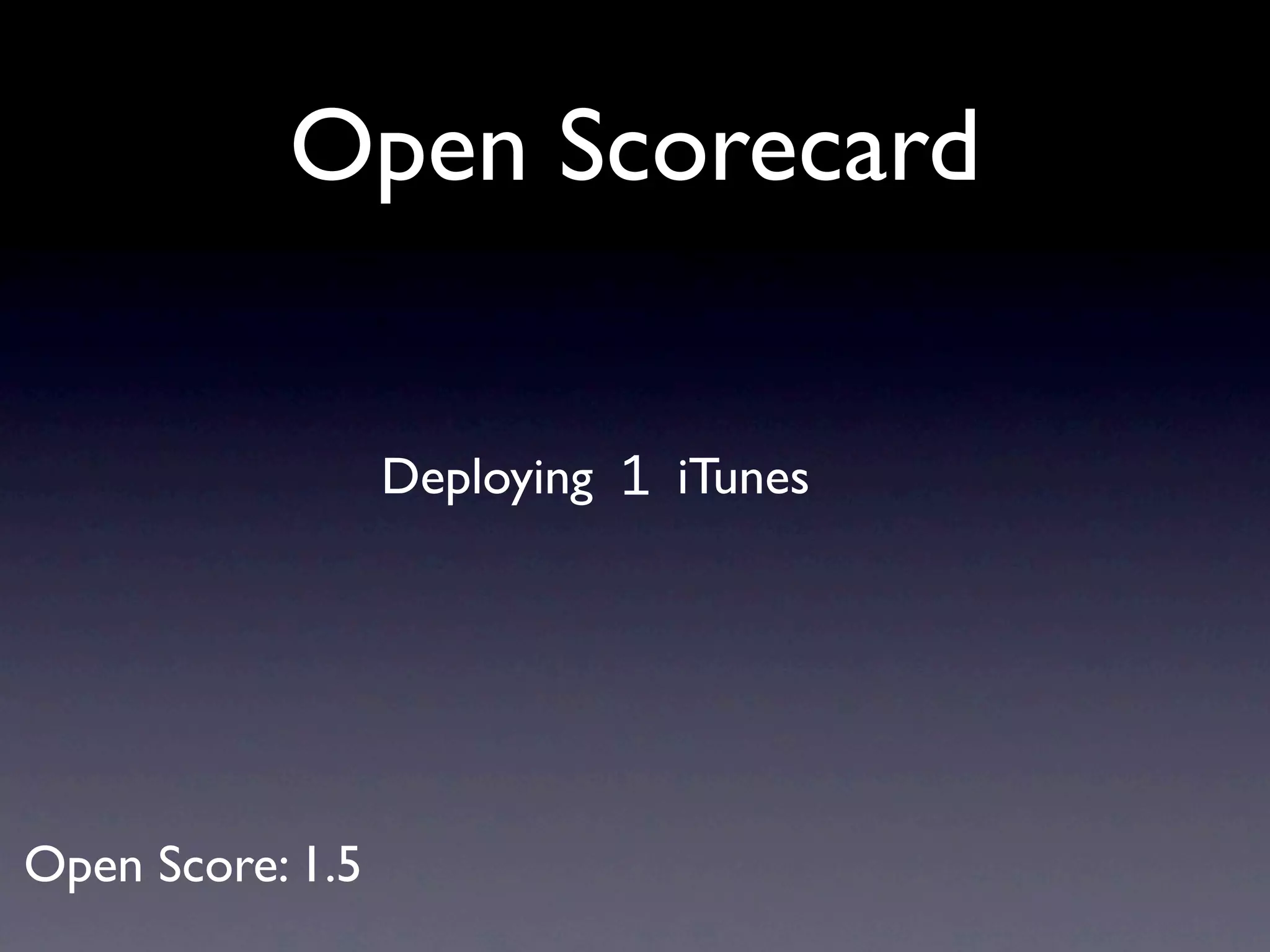 Open Scorecard


                  Deploying 1 iTunes




Open Score: 1.5
 