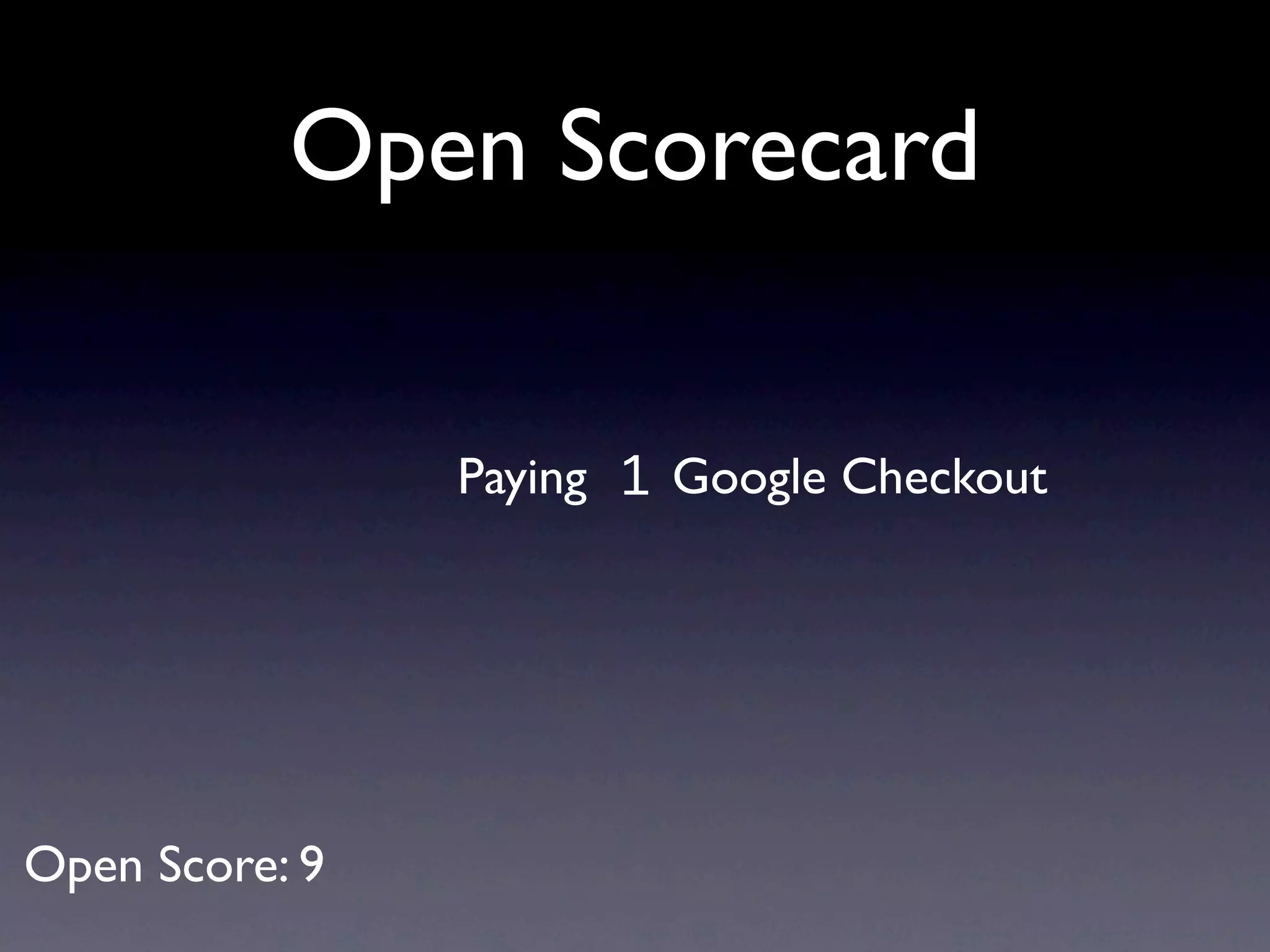Open Scorecard


                Paying 1 Google Checkout




Open Score: 9
 