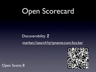 Open Scorecard


           Discoverability 1
                           2
           market://search?q=pname:com.foo.bar




Open Score: 8
 