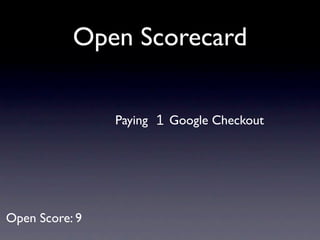 Open Scorecard


                Paying 1 Google Checkout




Open Score: 9
 