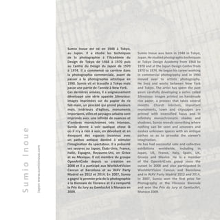 SumioInoue
Japonwww.sumioinoue.com
Sumio Inoue est né en 1948 à Tokyo,
au Japon. Il a étudié les techniques
de la photographie à l’Académie du
Design de Tokyo de 1968 à 1970 puis
au Centre du Design du Japon de 1970
à 1974. Il a commencé sa carrière dans
la photographie commerciale, avant de
passer à la photographie artistique en
1990. Sumio vit et travaille à Tokyo mais
passe une partie de l’année à New York.
Ces dernières années, il a soigneusement
développé une série appelée Silenzioso:
images imprimées sur du papier de riz
fait-main, un procédé qui prend plusieurs
mois. Intérieurs d’églises, monuments
importants, villes et paysages urbains sont
imprimés avec une infinité de nuances et
d’ombres monochromes très intenses.
Sumio donne à voir quelque chose là
où il n’y a rien à voir, en dévoilant et en
évoquant des espaces inconnus avec
un pathos antique destiné à stimuler
l'imagination du spectateur. Il a présenté
ses œuvres au Japon, États-Unis, France,
Italie, Espagne, Royaume-Uni, en Grèce
et au Mexique. Il est membre du groupe
OpenArtCode depuis sa création en
2008 et il a participé aux WorldArtVision
Cancun et Barcelona et au WAV Party
Madrid en 2012 et 2014. En 2007, Sumio
a gagné le premier prix de la photographie
à la Biennale de Florence et il a remporté
le Prix du Jury au GemlucArt à Monaco en
2009.
Sumio Inoue was born in 1948 in Tokyo,
Japan.Hestudiedphotographictechniques
at Tokyo Design Academy from 1968 to
1970 and at the Japan Design Center from
1970 to 1974. He began his career working
in commercial photography and in 1990
moved over to artistic photography.
He lives and works between New York
and Tokyo. The artist has spent the past
years carefully developing a series called
Silenzioso: images printed on handmade
rice paper, a process that takes several
months. Church interiors, important
monuments, town and cityscapes are
printed with intensified focus and in
infinitely monochromatic shades and
shadows. Sumio reveals something where
nothing can be seen and uncovers and
evokes unknown spaces with an antique
pathos so as to provoke the viewer’s
imagination.
He has had successful solo and collective
exhibitions worldwide, including in
Japan, US, France, Italy, Spain, UK,
Greece and Mexico. He is a member
of the OpenArtCode group since the
outset in 2008 and also participated in
WorldArtVision Cancun and Barcelona
and in WAV Party Madrid 2012 and 2014.
In 2007, Sumio won the first prize for
Photography at the Florence Biennale
and won the Prix du Jury at GemlucArt,
Monaco 2009.
 