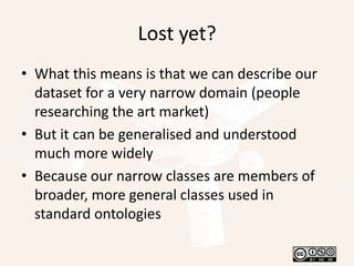 Describing things with ontologiesan ontology is a standardized representation of knowledge as a set of concepts within a domain, and the relationships between those concepts. It can be used to reason about the entities within that domain, and may be used to describe the domain (wikipedia)or,  put another way “a way of describing things in a way other people/machines can understand” (me)
