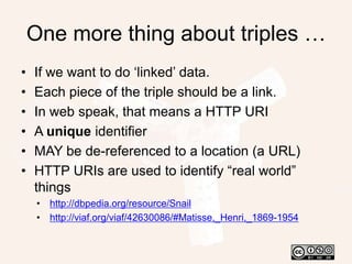 RDFRDF (Resource Description Framework) is a way of modelling data, conceptually (as graphs)it links things, not just documentsand creates ‘typed’ linksallows us to say meaningful things about entitiesand the relationships between them
