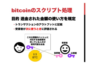 bitcoinのスクリプト処理
目的 送金された金額の使い方を規定
• トランザクションのアウトプットに記載
• 受領者が次に使うときに評価される
0.5
BTC	
この公開 のハッシュに
対応する秘密 を
持っている人だけ
使用可能なお金
秘密 公開
受領者
 