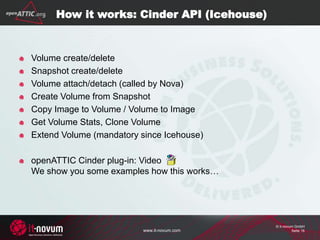 www.it-novum.com
© it-novum GmbH
Seite 16
Volume create/delete
Snapshot create/delete
Volume attach/detach (called by Nova)
Create Volume from Snapshot
Copy Image to Volume / Volume to Image
Get Volume Stats, Clone Volume
Extend Volume (mandatory since Icehouse)
openATTIC Cinder plug-in: Video
We show you some examples how this works…
How it works: Cinder API (Icehouse)
 