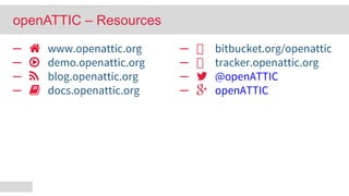 ─ www.openattic.org
─ demo.openattic.org
─ blog.openattic.org
─ docs.openattic.org
─ bitbucket.org/openattic
─ tracker.openattic.org
─ @openATTIC
─ openATTIC
openATTIC – Resources
 