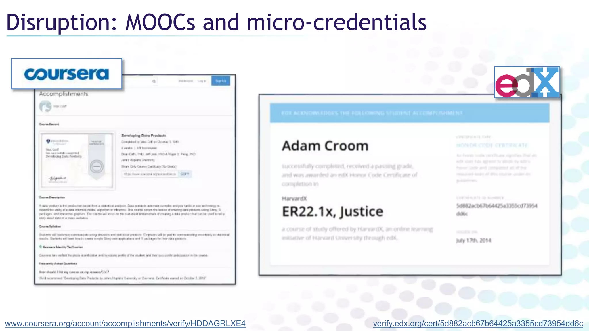 www.coursera.org/account/accomplishments/verify/HDDAGRLXE4 verify.edx.org/cert/5d882acb67b64425a3355cd73954dd6c
Disruption: MOOCs and micro-credentials
 